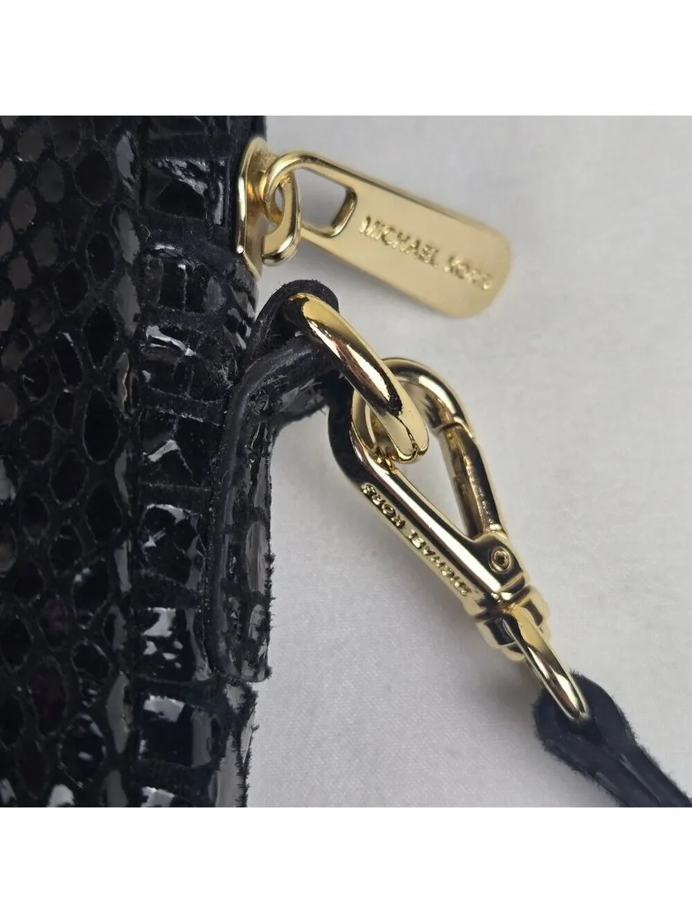 Michael Kors Black Patent Python Embossed Laptop Computer Case Double Zip Strap
